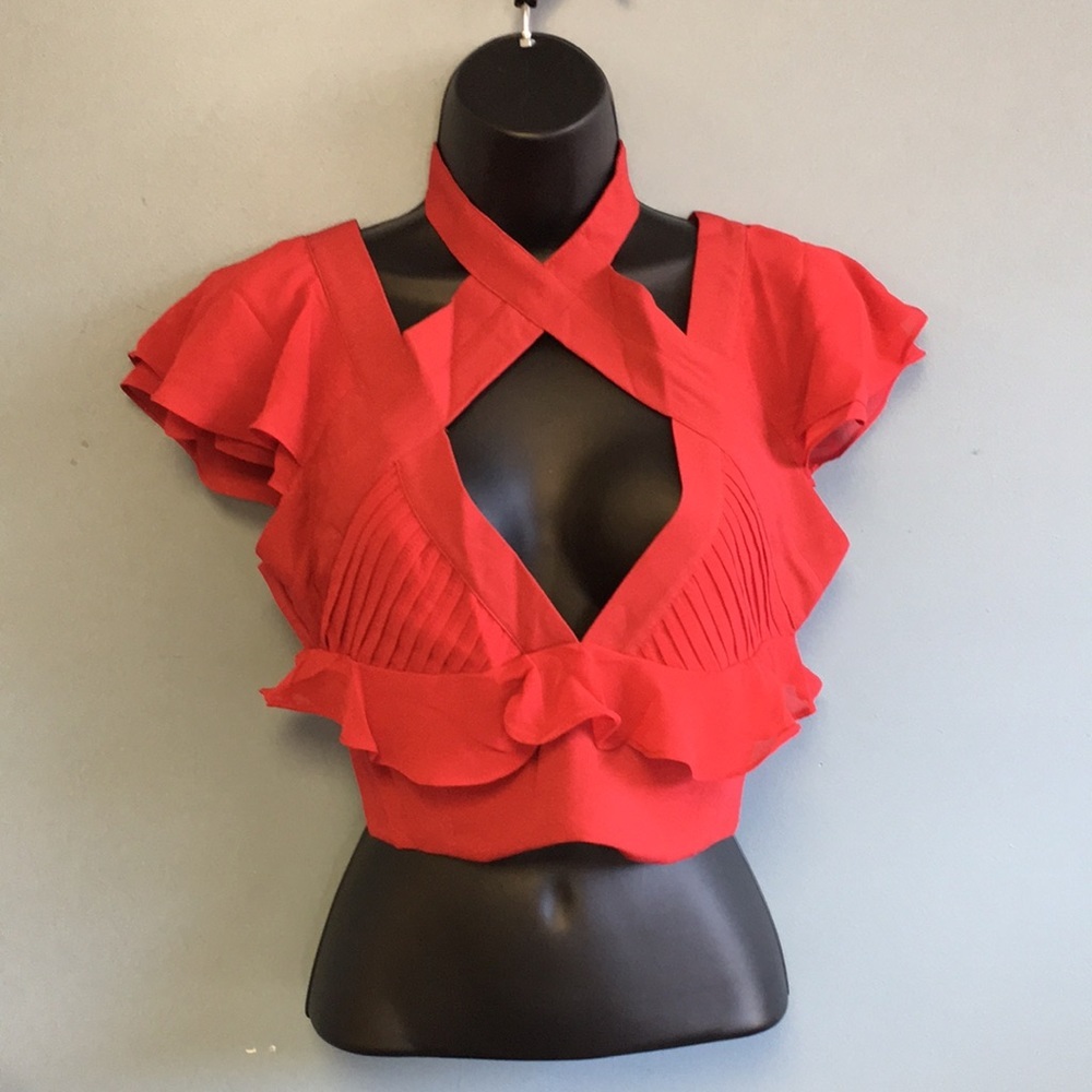 NASTY Gal Ruffle Layered Cropped Crisscross Halter Top Blouse
